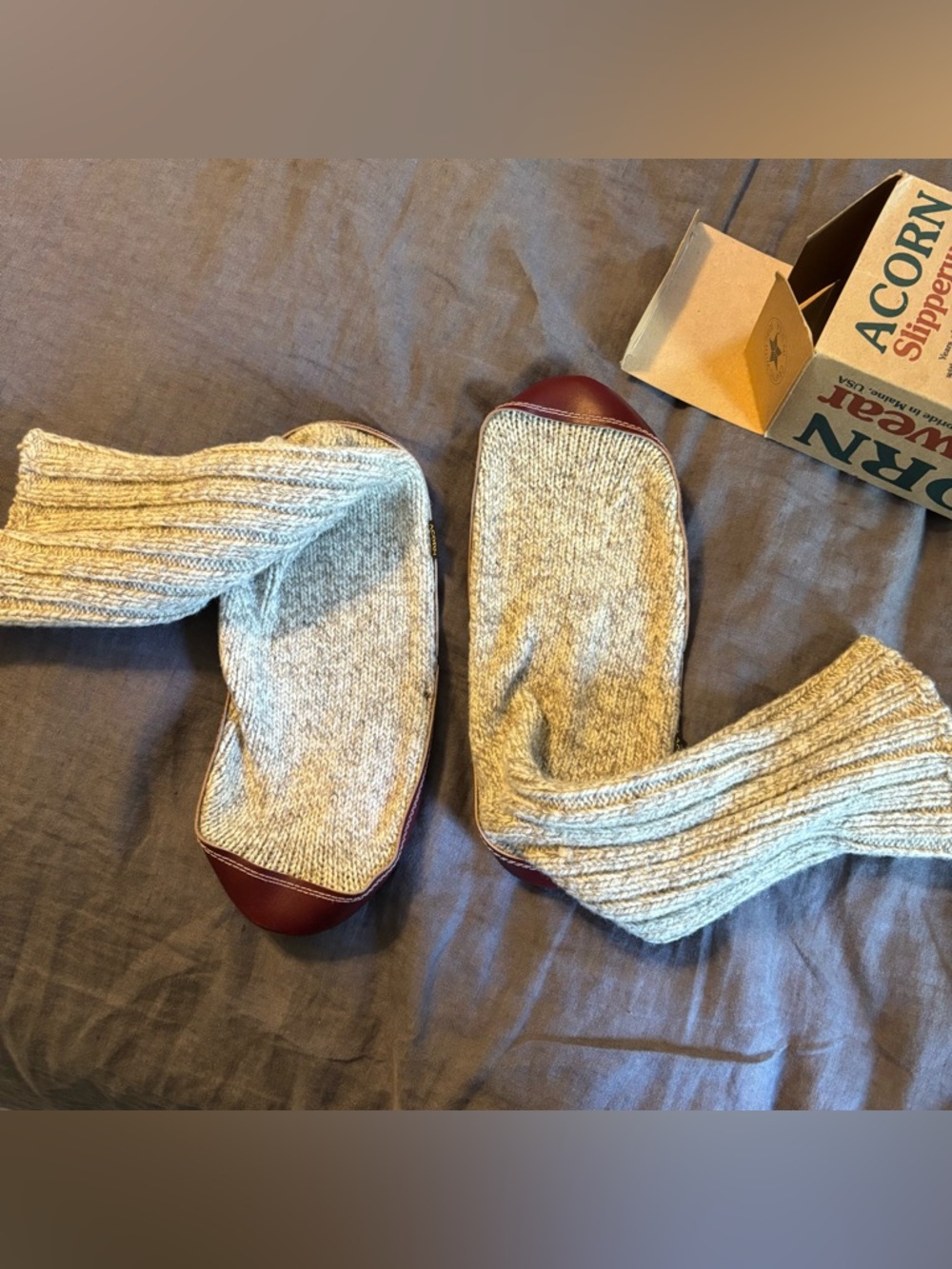 Acorn Slipper Socks M9-10 W10.5-11.5 Leather Wool Grey Twist USA